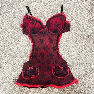 Victoria Secret Red & Black Lace, Sexy Maid Lingerie with Bow 36C
